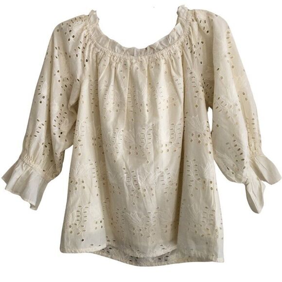 Chelsea & Theodore Eyelet Peasant Blouse Womens Size M Cream On/Off Shoulder - Picture 7 of 15